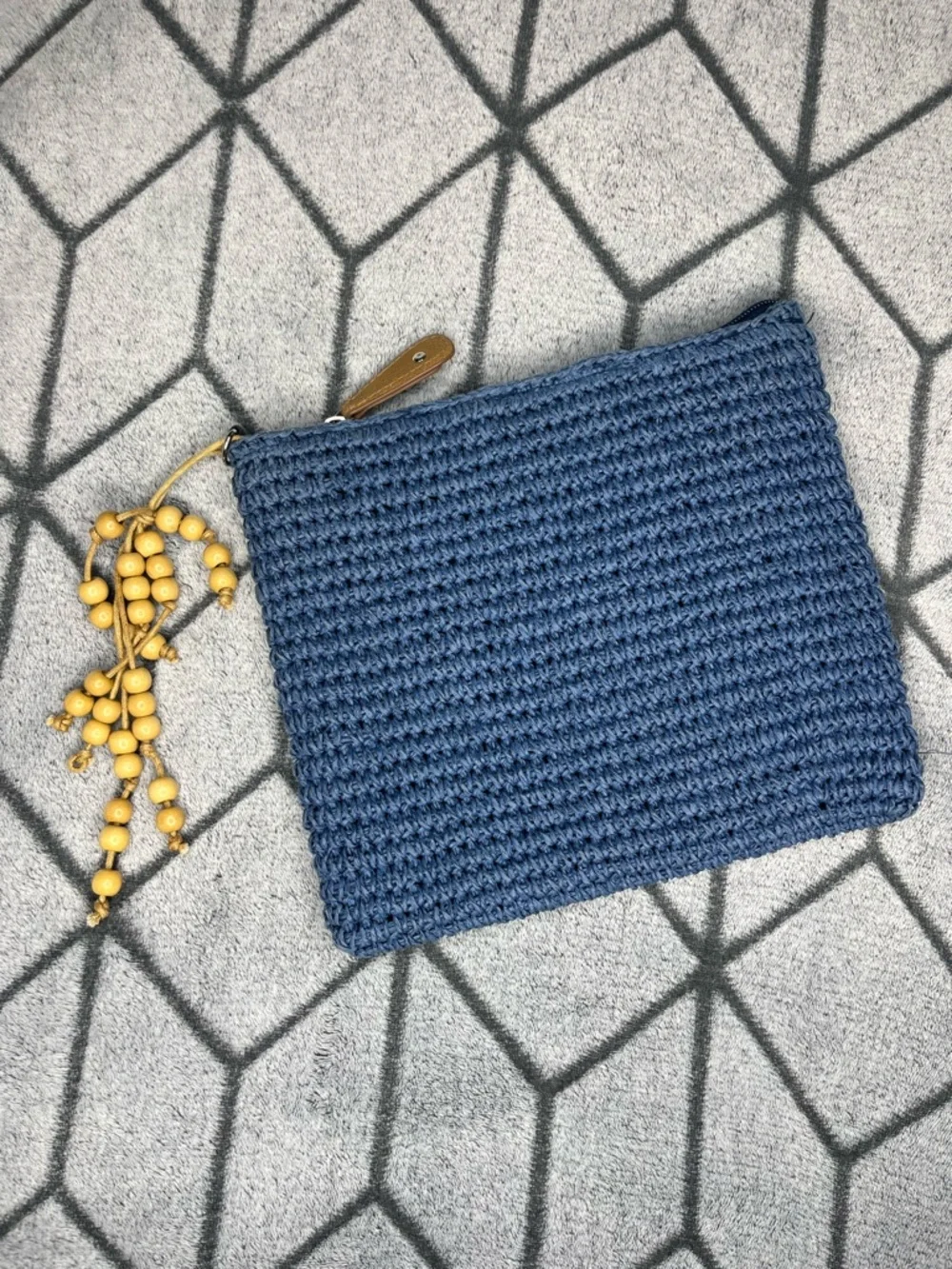Straw Studios Handcrafted Bohemian Navy Raffia Crochet Clutch w Beaded Tassel